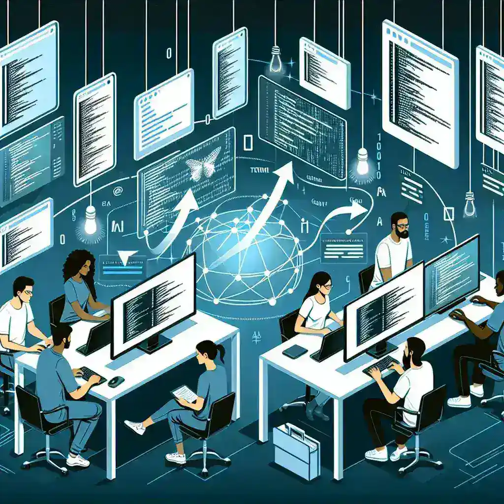 "Team of software developers engaged in real-time collaboration using advanced code editors for modern software development, showcasing multiple screens displaying coding interfaces and collaborative tools."