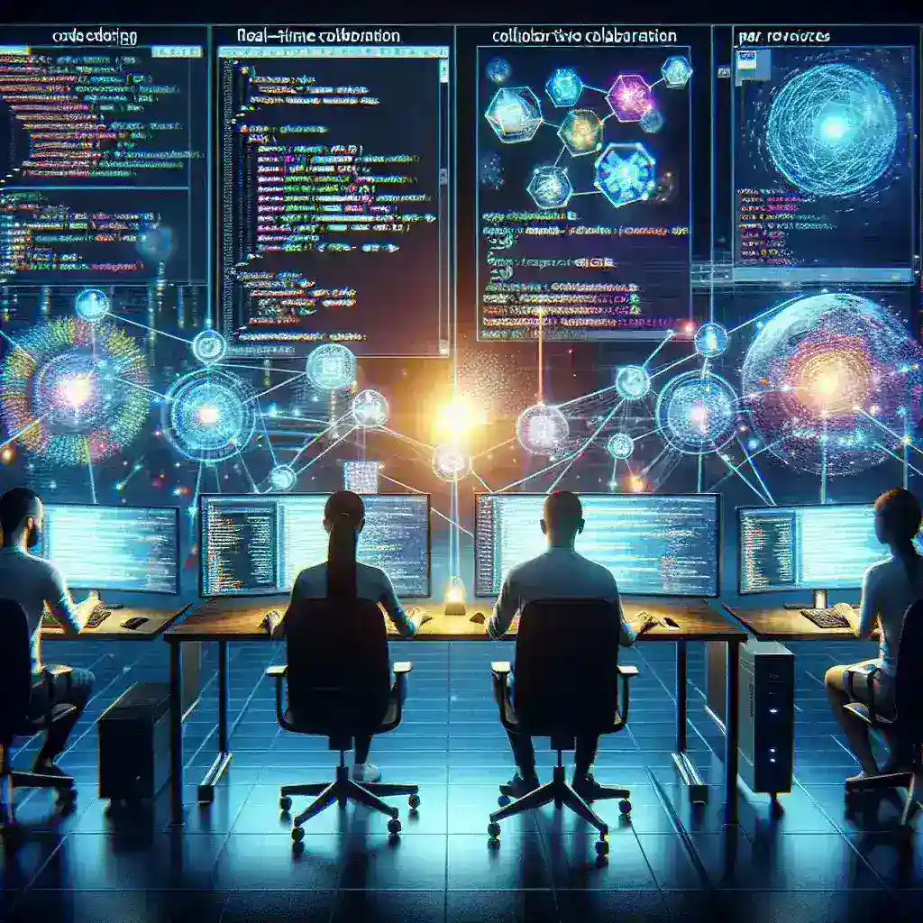 "Team of software developers collaborating in real-time on a modern code editor interface, showcasing essential services like live chat, version control, and code sharing for enhanced productivity."